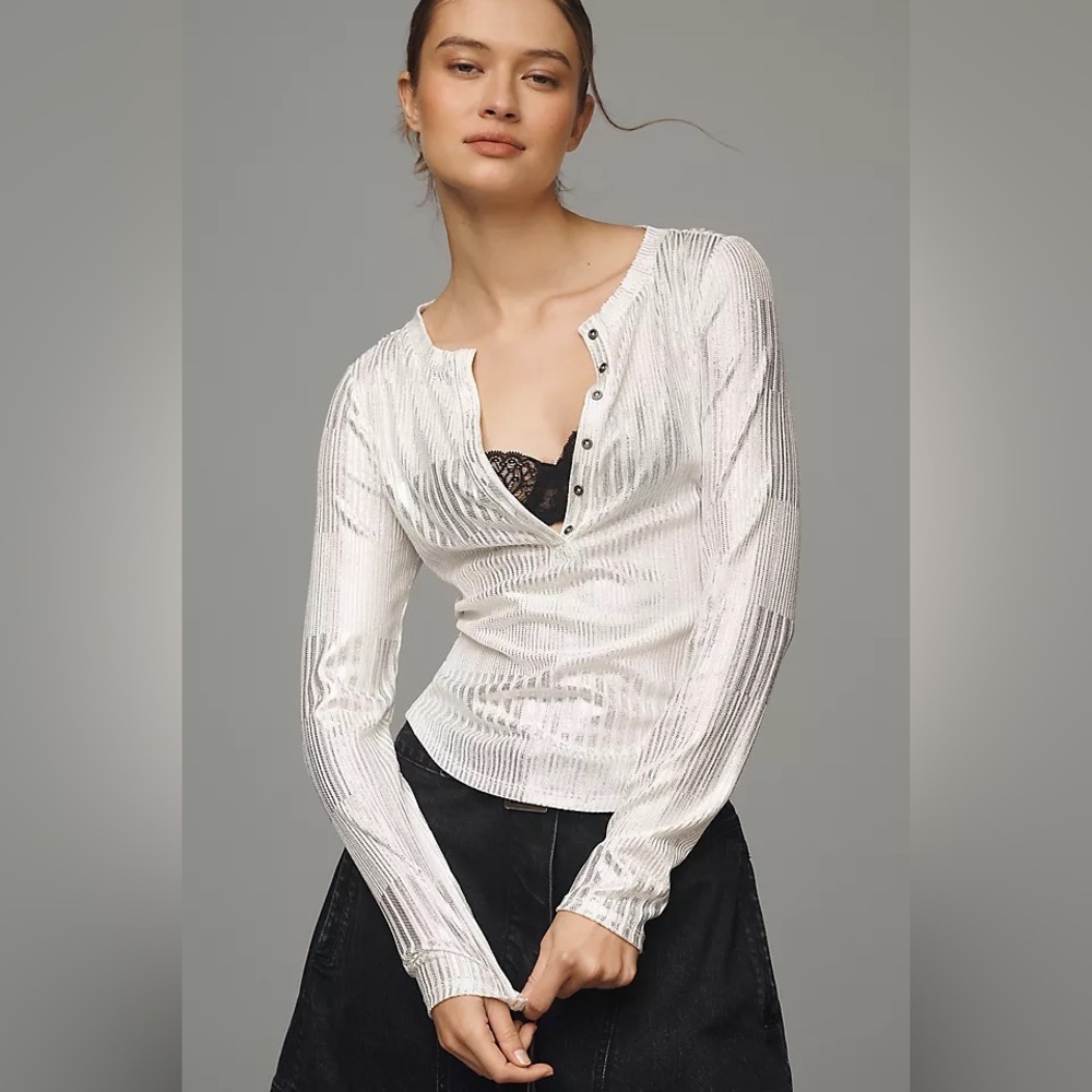 NWT Anthropologie The Andie Ribbed Henley Top by Pilcro: Shimmer Edition XXS